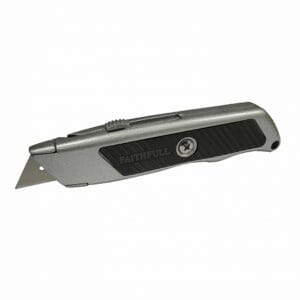 A metal utility knife with a partially extended blade, featuring the word "FAITHFULL" on its side—ideal for various tasks and available through tool hire Newry.