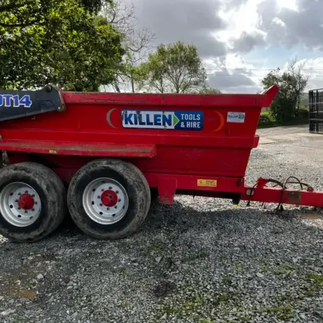 Draper Hand Riveter Kit For Aluminium Rivets-3 A red Tuff Mac DT14 Dump Trailer labelled "KILLEN Tools & Hire" and advertising tool hire Newry is parked on gravel near trees and a metal gate under a cloudy sky.