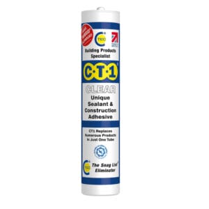 A tube of CT1 Clear Unique Sealant & Construction Adhesive with product information displayed on the label, available at tool hire Newry.