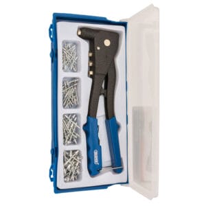 Draper Hand Riveter Kit For Aluminium Rivets-2 A rivet gun with blue handles is stored in a plastic case alongside multiple compartments containing assorted rivets, available for tool hire Newry.