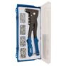 A rivet gun with blue handles is stored in a plastic case alongside multiple compartments containing assorted rivets, available for tool hire Newry.