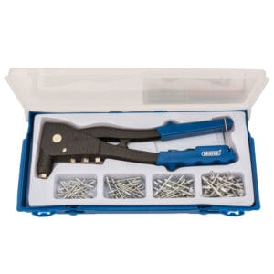 A blue and black rivet gun with multiple nozzles, stored in a blue plastic case with assorted rivets in separate compartmentsโavailable for tool hire Newry.