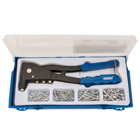 Draper Hand Riveter Kit For Aluminium Rivets A blue and black rivet gun with multiple nozzles, stored in a blue plastic case with assorted rivets in separate compartments—available for tool hire Newry.