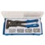 A blue and black rivet gun with multiple nozzles, stored in a blue plastic case with assorted rivets in separate compartments—available for tool hire Newry.