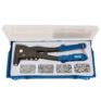 A blue and black rivet gun with multiple nozzles, stored in a blue plastic case with assorted rivets in separate compartments—available for tool hire Newry.