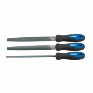 Three metal hand files with blue and black handles are arranged parallel to each other on a white background, ideal for your next project or available through tool hire Newry.