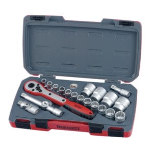 A red and grey Teng Tools socket set in an open plastic case, containing a ratchet, extensions, and multiple sockets of various sizes—ideal for tool hire Newry needs.