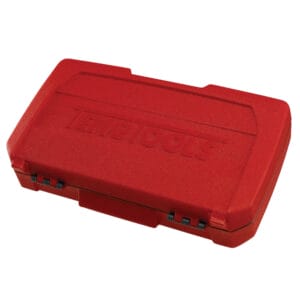 Teng T1221 21 piece 1/2In Drive Metric Socket Set-2 A closed red Teng Tools plastic case with embossed branding on the lid, shown on a white background—ideal for professionals seeking quality storage from tool hire Newry.