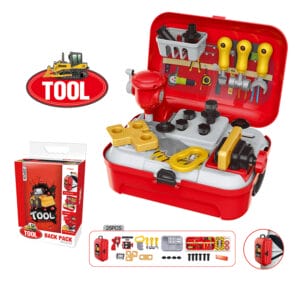 Red plastic toy toolbox set with various pretend tools and accessories, shown open with contents visibleโperfect for little builders dreaming of tool hire in Newry. Packaging and included items are displayed around the main image.