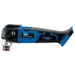 A Draper Storm Forceยฎ 20V Oscillating Multi-Tool (Sold Bare) is displayed in profile, featuring a blue and black design with a metal front attachment and textured gripโperfect for tool hire Newry requirements.