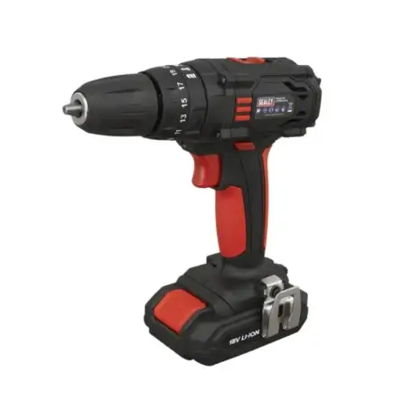 The Sealey CP18VLD Cordless Hammer Drill features a black and red design, 18V lithium-ion battery, adjustable torque, and metal belt clip—perfect for tool hire Newry projects.
