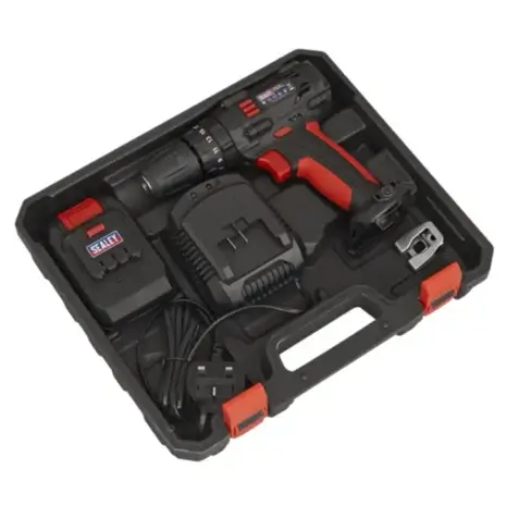 Sealey CP18VLD Cordless Hammer Drill-2 The Sealey CP18VLD Cordless Hammer Drill set comes in a black case with drill, battery, charger, and accessories—ideal for DIY or tool hire Newry customers wanting convenience and reliability.