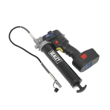The Sealey Cordless Grease Gun 18V in black features a digital display, flexible hose, and battery pack. Available for tool hire in Newry. Shown on a white background.