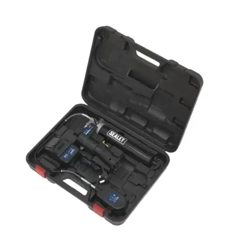 Sealey Cordless Grease Gun 18V-2 The Sealey Cordless Grease Gun 18V comes in a black plastic carrying case with labelled compartments for the main tool, attachments, and accessories. Available for tool hire in Newry.