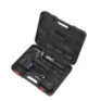 The Sealey Cordless Grease Gun 18V comes in a black plastic carrying case with labelled compartments for the main tool, attachments, and accessories. Available for tool hire in Newry.