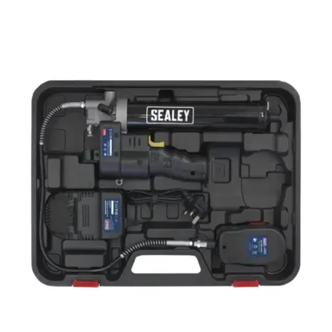 Sealey Cordless Grease Gun 18V-3 Sealey Cordless Grease Gun 18V kit includes battery, charger, and accessories in a hard plastic caseโperfect for tool hire Newry pros needing dependable equipment.