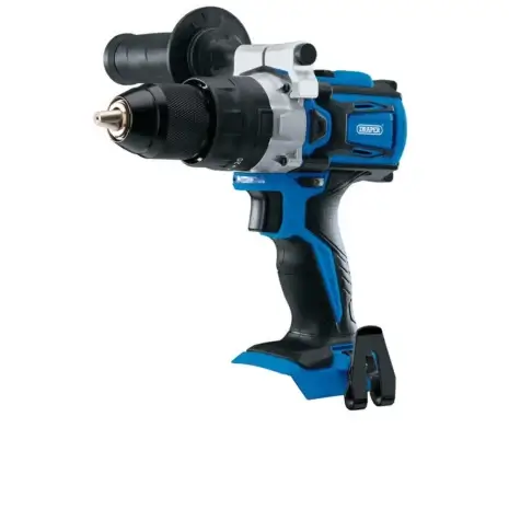 Hire the D20 20V Brushless Combi Drill (Sold Bare) in Newry—cordless, blue and black, with side handle, metal chuck, and belt clip. Shown against a white background.