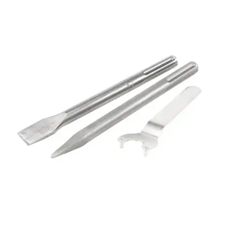 Draper - Expert 230V SDS Max Breaker, 7kg (81077)-2 The Draper Expert 230V SDS Max Breaker (7kg, 81077) is displayed side by side with its flat and pointed chisels plus a spannerโsilver-coloured tools on white, perfect for anyone seeking tool hire in Newry.