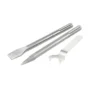 The Draper Expert 230V SDS Max Breaker (7kg, 81077) is displayed side by side with its flat and pointed chisels plus a spanner—silver-coloured tools on white, perfect for anyone seeking tool hire in Newry.