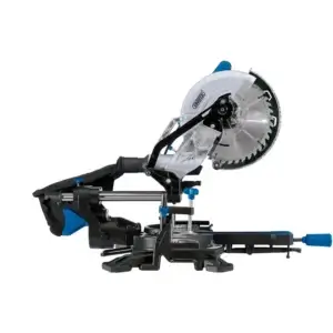 Draper – 230V Sliding Compound Mitre Saw 90170-2 The Draper 230V Sliding Compound Mitre Saw 90170, featuring a silver circular blade, black base, blue adjustment knobs, and dust bag, is shown side-onโideal for those seeking tool hire in Newry.