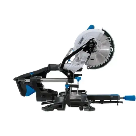 Draper - 230V Sliding Compound Mitre Saw 90170-2 The Draper 230V Sliding Compound Mitre Saw 90170, featuring a silver circular blade, black base, blue adjustment knobs, and dust bag, is shown side-on—ideal for those seeking tool hire in Newry.
