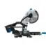 The Draper 230V Sliding Compound Mitre Saw 90170, featuring a silver circular blade, black base, blue adjustment knobs, and dust bag, is shown side-on—ideal for those seeking tool hire in Newry.