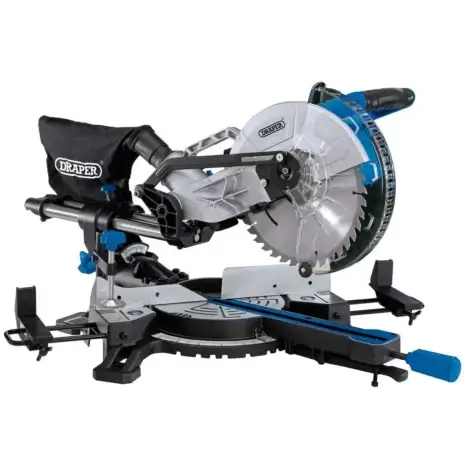 Draper - 230V Sliding Compound Mitre Saw 90170-3 The Draper 230V Sliding Compound Mitre Saw 90170, featuring a circular blade, adjustable angles, dust collection bag, and blue/black accents, is shown on a white background—available for tool hire in Newry.