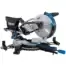 The Draper 230V Sliding Compound Mitre Saw 90170, featuring a circular blade, adjustable angles, dust collection bag, and blue/black accents, is shown on a white background—available for tool hire in Newry.