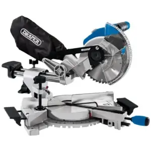 The Draper โ 230V Sliding Compound Mitre Saw 90170 features a dust bag, circular blade, adjustable base, and blue adjustment handlesโavailable for hire with Tool Hire Newry.