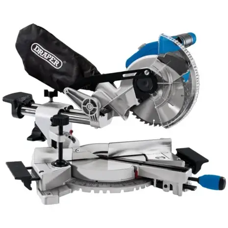 The Draper – 230V Sliding Compound Mitre Saw 90170 features a dust bag, circular blade, adjustable base, and blue adjustment handles—available for hire with Tool Hire Newry.