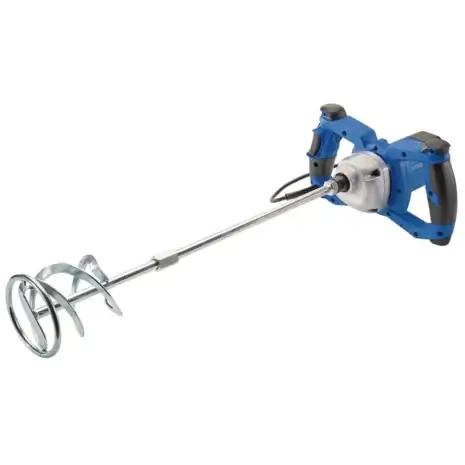 Hire the Draper Storm Force® 230V Paddle Mixer (80L, 1200W) in Newry—features a blue and black dual-handle design with metal mixing paddle, ideal for paint and mortar mixing.