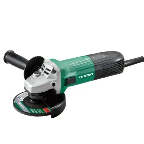 A HiKOKI G12STX 115mm Angle Grinder in green and black with a side handle and abrasive disc, available for tool hire Newry, is displayed on a white background.