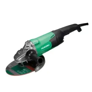 The HiKOKI 230mm (9") Disc Grinder G23ST, shown with a side handle and cutting disc on a white background, is ideal for your next projectโavailable with tool hire Newry.