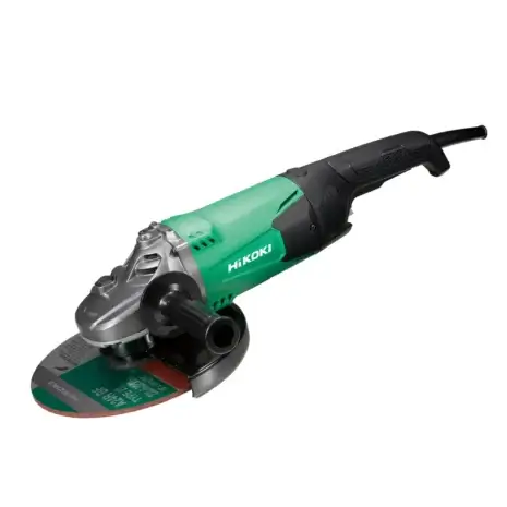 The HiKOKI 230mm (9") Disc Grinder G23ST, shown with a side handle and cutting disc on a white background, is ideal for your next project—available with tool hire Newry.