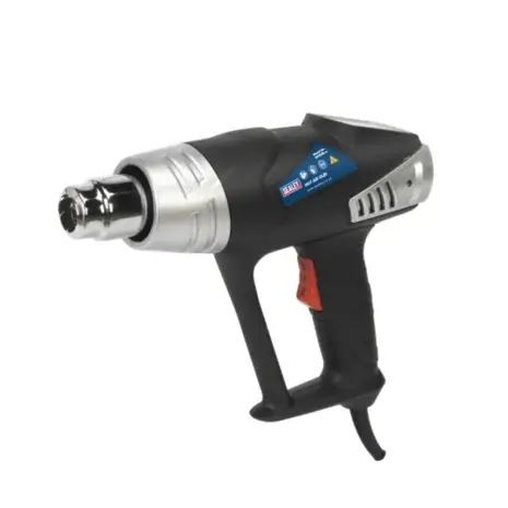 The Sealey 2000W Heat Gun Kit (350°C/600°C), featuring a black body, silver nozzle, red trigger, and visible power lead, is photographed on a white background—ideal for those looking into tool hire Newry services.