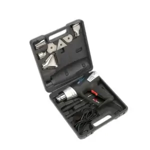 Sealey 2000W Heat Gun Kit 350ยฐC/600ยฐC-2 The Sealey 2000W Heat Gun Kit 350ยฐC/600ยฐC comes in a black plastic case with metal nozzles and attachments, neatly organisedโperfect for anyone looking for tool hire Newry services.