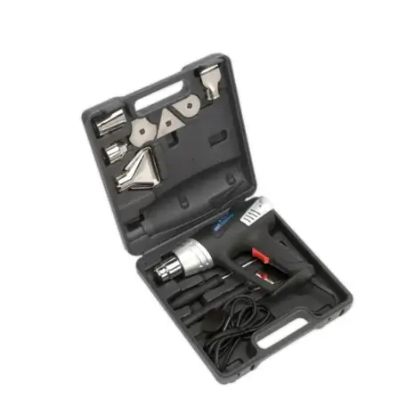 Sealey 2000W Heat Gun Kit 350°C/600°C-2 The Sealey 2000W Heat Gun Kit 350°C/600°C comes in a black plastic case with metal nozzles and attachments, neatly organised—perfect for anyone looking for tool hire Newry services.