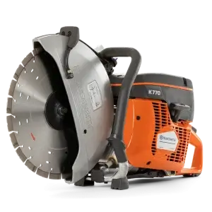 The Husqvarna K770 Concrete Saw 12โณ & 14โณ Petrol Disc Cutter, with its orange and grey casing, is perfect for tool hire Newry projects that need reliable and efficient cutting performance.