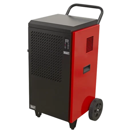 Sealey 70L Industrial Dehumidifier SDH70-2 The Sealey 70L Industrial Dehumidifier SDH70 is a portable red and black unit with wheels, handle, ventilation panels, and front control buttons—ideal for moisture control in tool hire Newry projects.