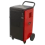 The Sealey 70L Industrial Dehumidifier SDH70 is a portable red and black unit with wheels, handle, ventilation panels, and front control buttons—ideal for moisture control in tool hire Newry projects.