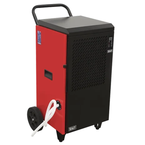 Sealey 70L Industrial Dehumidifier SDH70 The Sealey 70L Industrial Dehumidifier SDH70 is a red and black portable unit with wheels, handle, control panel, and drainage hose—ideal for tool hire Newry projects needing efficient moisture control.