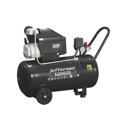 Jefferson - 50 Litre 2HP 8 Bar Compressor Jefferson 50 Litre 2HP 8 Bar Compressor, wheeled with control gauges and labelled specs—available for tool hire in Newry.