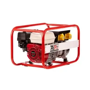 The Peden Power 3.5Kva 2.8Kw Honda Generator, featuring a red metal frame and dual yellow sockets, is pictured on a white background—perfect for tool hire projects in Newry.