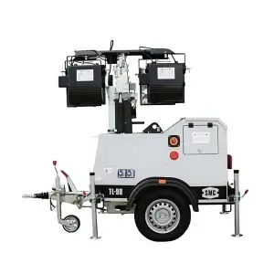 The SMC TL-90 Lighting Tower is a portable, trailer-mounted unit with two large floodlights, an extendable mast, control panel, and stabilising legs—perfect for tool hire Newry projects requiring dependable site lighting.