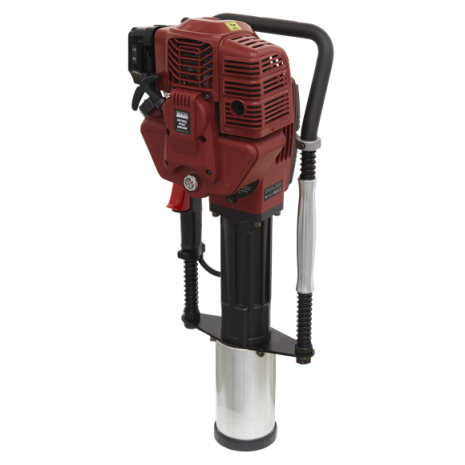 Sealey 2-Stroke Petrol Post Driver 100mm-3 Hire the Sealey 2-Stroke Petrol Post Driver 100mm, featuring a metal cylinder base and side handles, available in red and black for tool hire Newry.