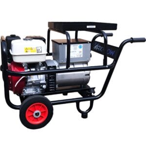 Maxflow Petrol DC Welder Generator features a Honda GX390 engine, 4.5 kVA output, robust trolley frame with wheels and handle—perfect for tool hire needs in Newry.